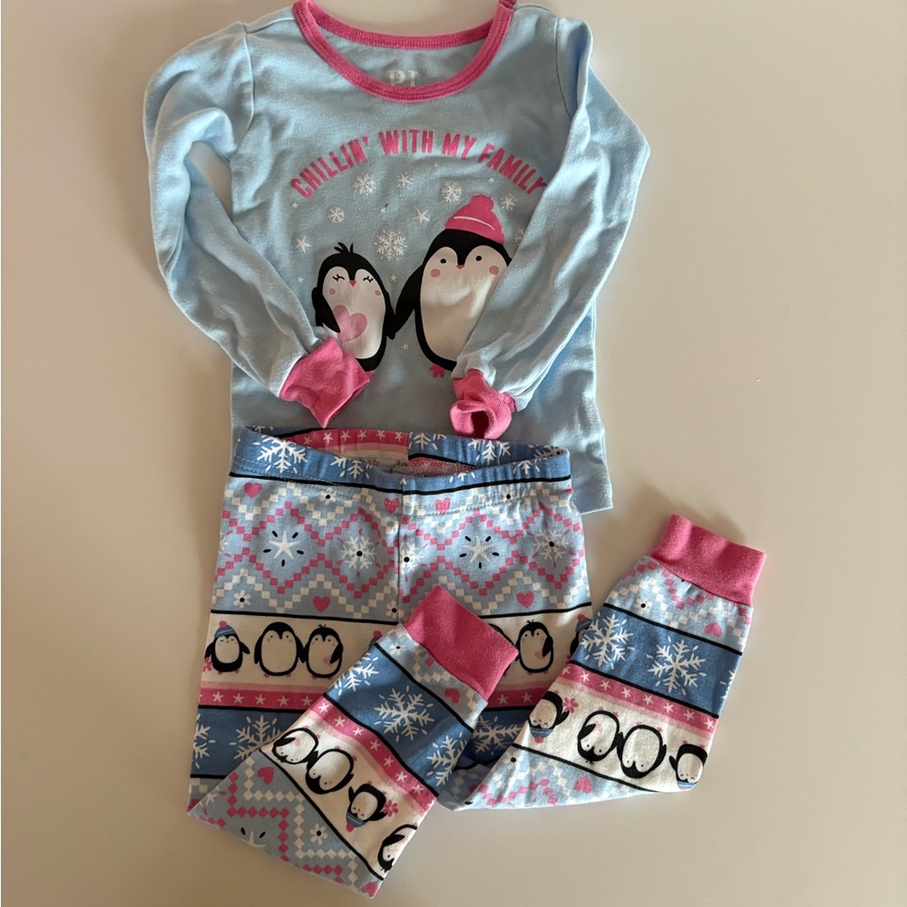 Penguin Print Kids Pajamas - Blue and Pink
